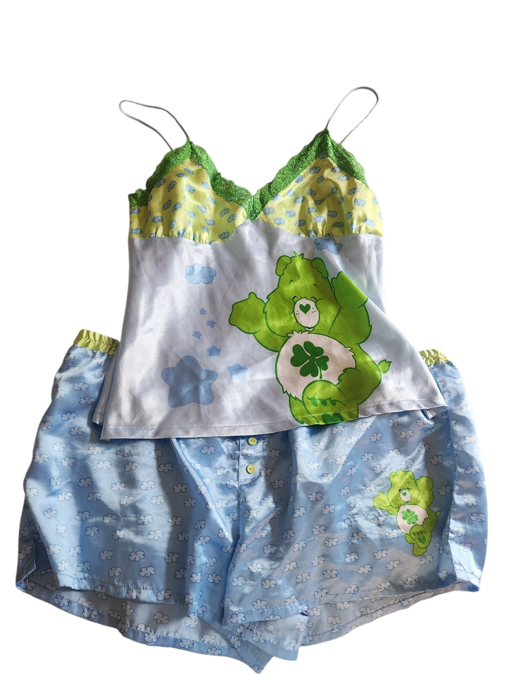 Vintage Y2K 2005 Care Bears Good Luck Bear Satin Cami Shorts Pajama Set XL 2X